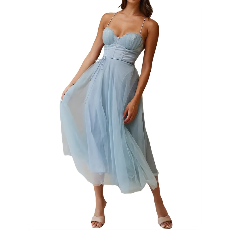 Women's Midi Dress with Layered Skirt and Tie Waist