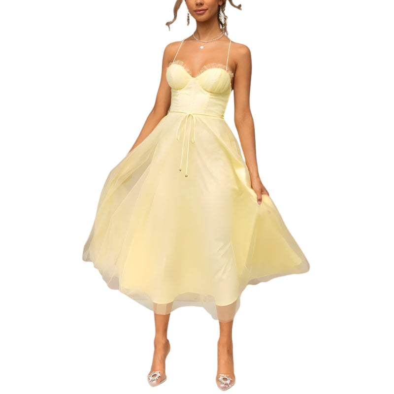 Women's Midi Dress with Layered Skirt and Tie Waist