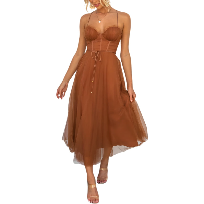 Women's Midi Dress with Layered Skirt and Tie Waist