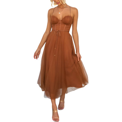 Women's Midi Dress with Layered Skirt and Tie Waist