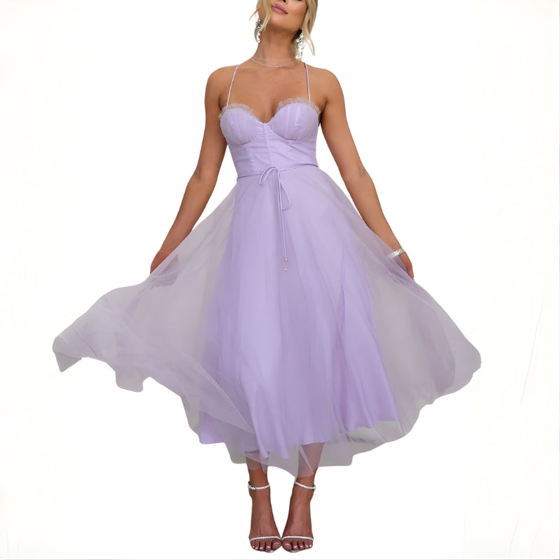 Women's Midi Dress with Layered Skirt and Tie Waist