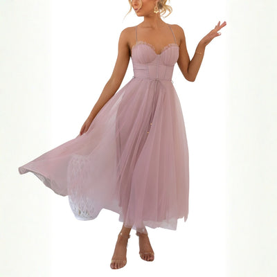 Women's Midi Dress with Layered Skirt and Tie Waist