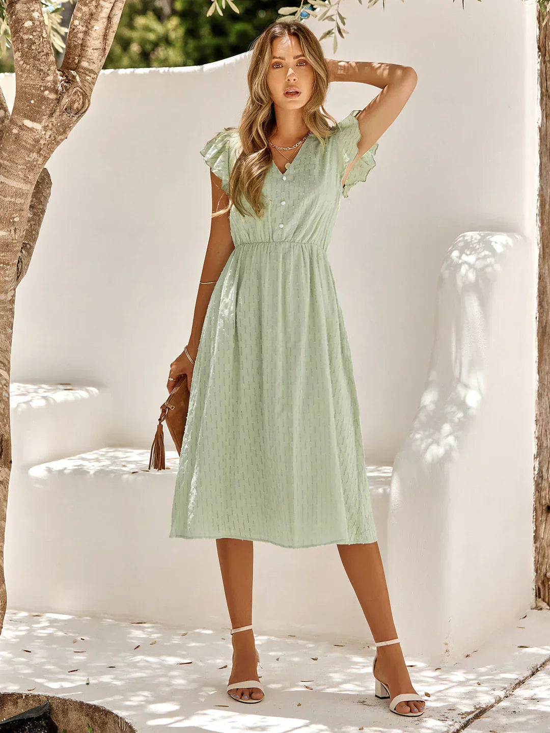 Women's Midi Dress with V-Neck and Ruffled Short Sleeve