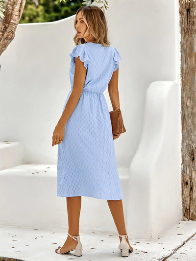Women's Midi Dress with V-Neck and Ruffled Short Sleeve