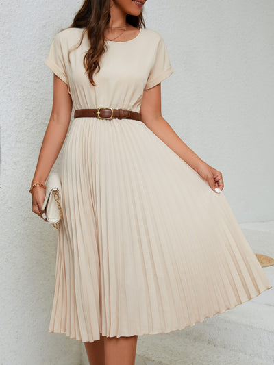 Women's O-neck short Sleeve Pleated Midi Dress