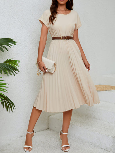 Women's O-neck short Sleeve Pleated Midi Dress
