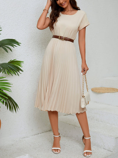 Women's O-neck short Sleeve Pleated Midi Dress