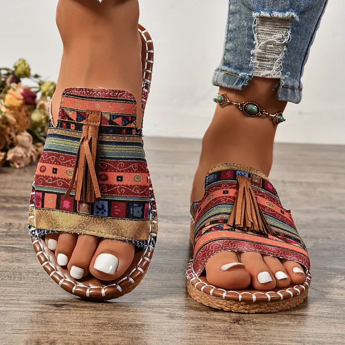 Women’s Open-Toe Slip-On Sandals with Woven Pattern