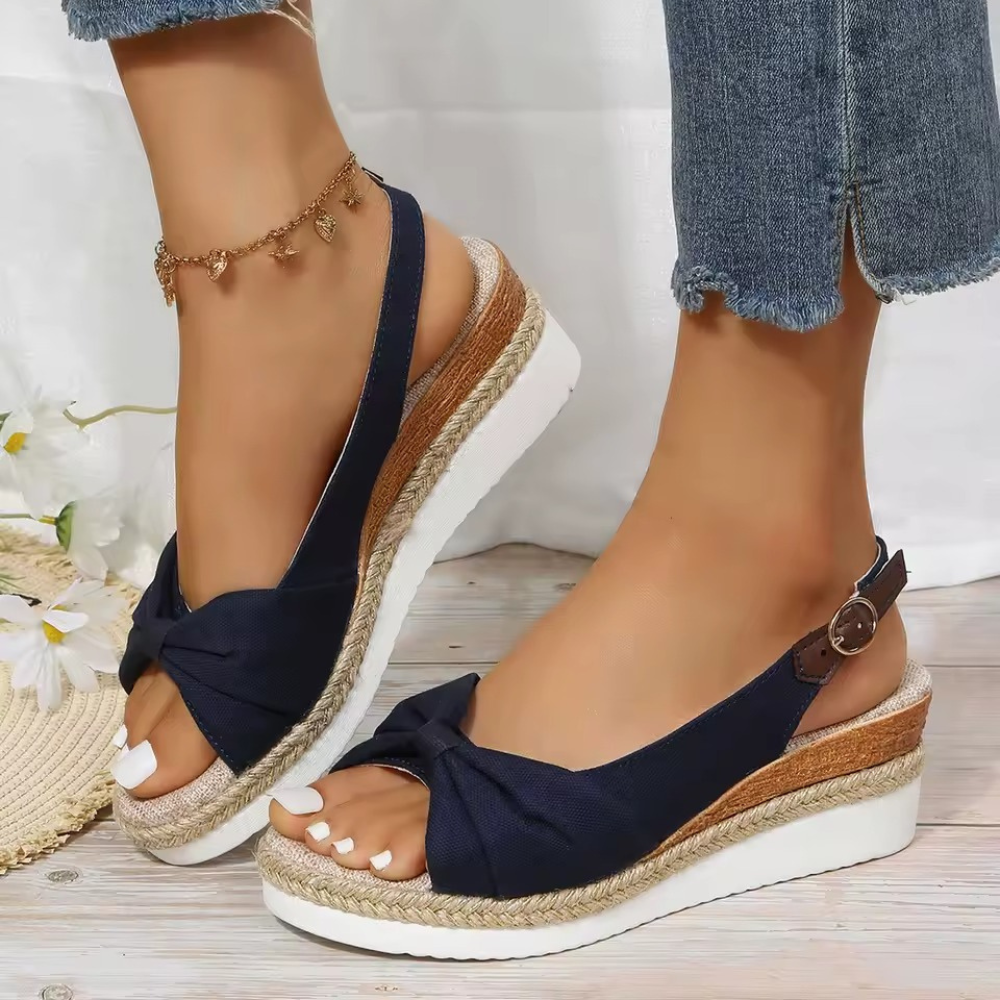 Women's Peep Toe Wedge Sandals with Bow and Buckle