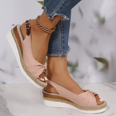 Women's Peep Toe Wedge Sandals with Bow and Buckle