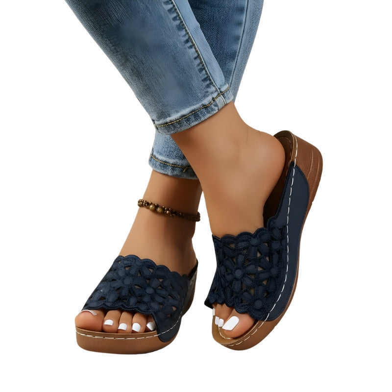Women's Platform Slip-On Sandals with  Floral Cutout
