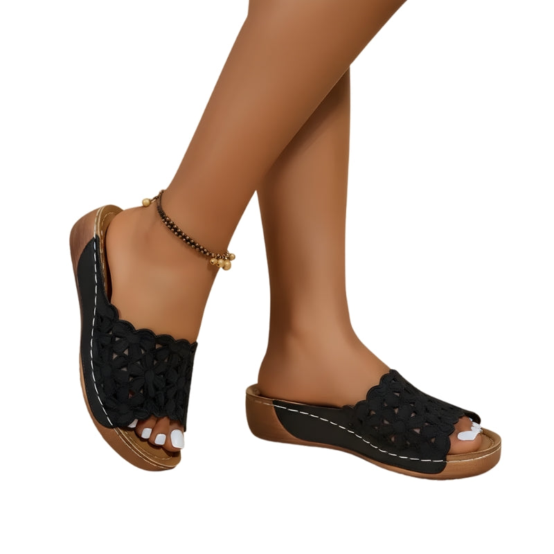 Women's Platform Slip-On Sandals with  Floral Cutout