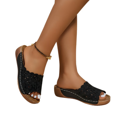 Women's Platform Slip-On Sandals with  Floral Cutout