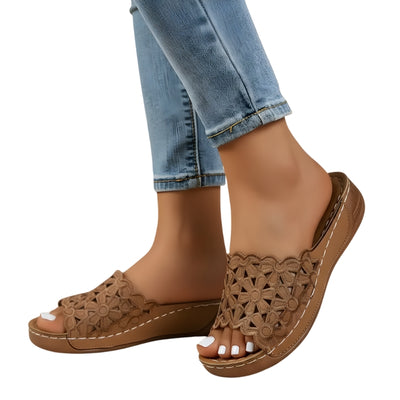 Women's Platform Slip-On Sandals with  Floral Cutout