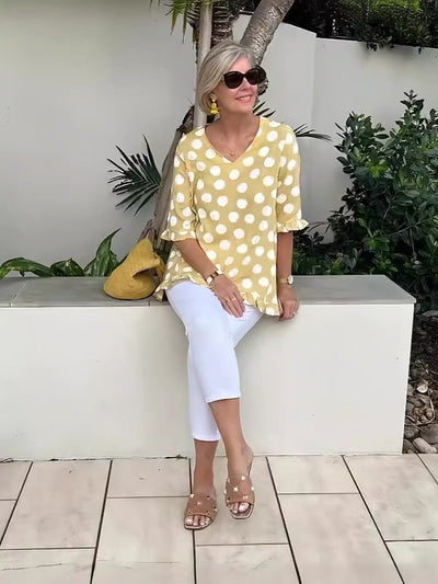 Women's Polka Dot V-Neck with Bell Sleeves