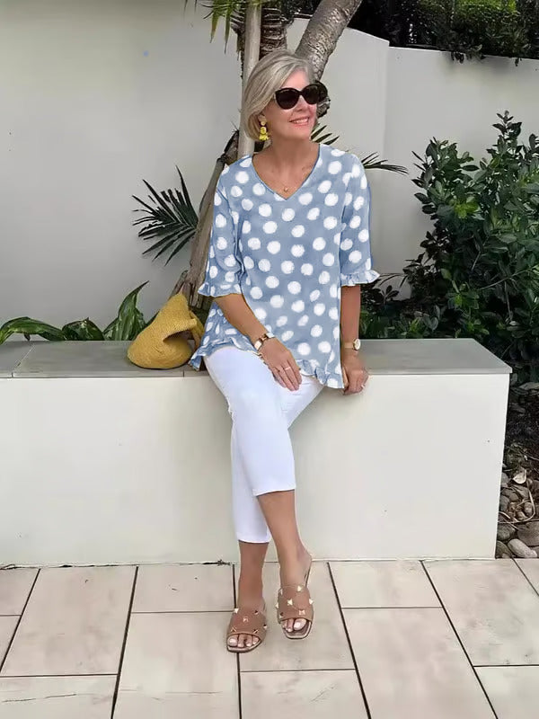 Women's Polka Dot V-Neck with Bell Sleeves