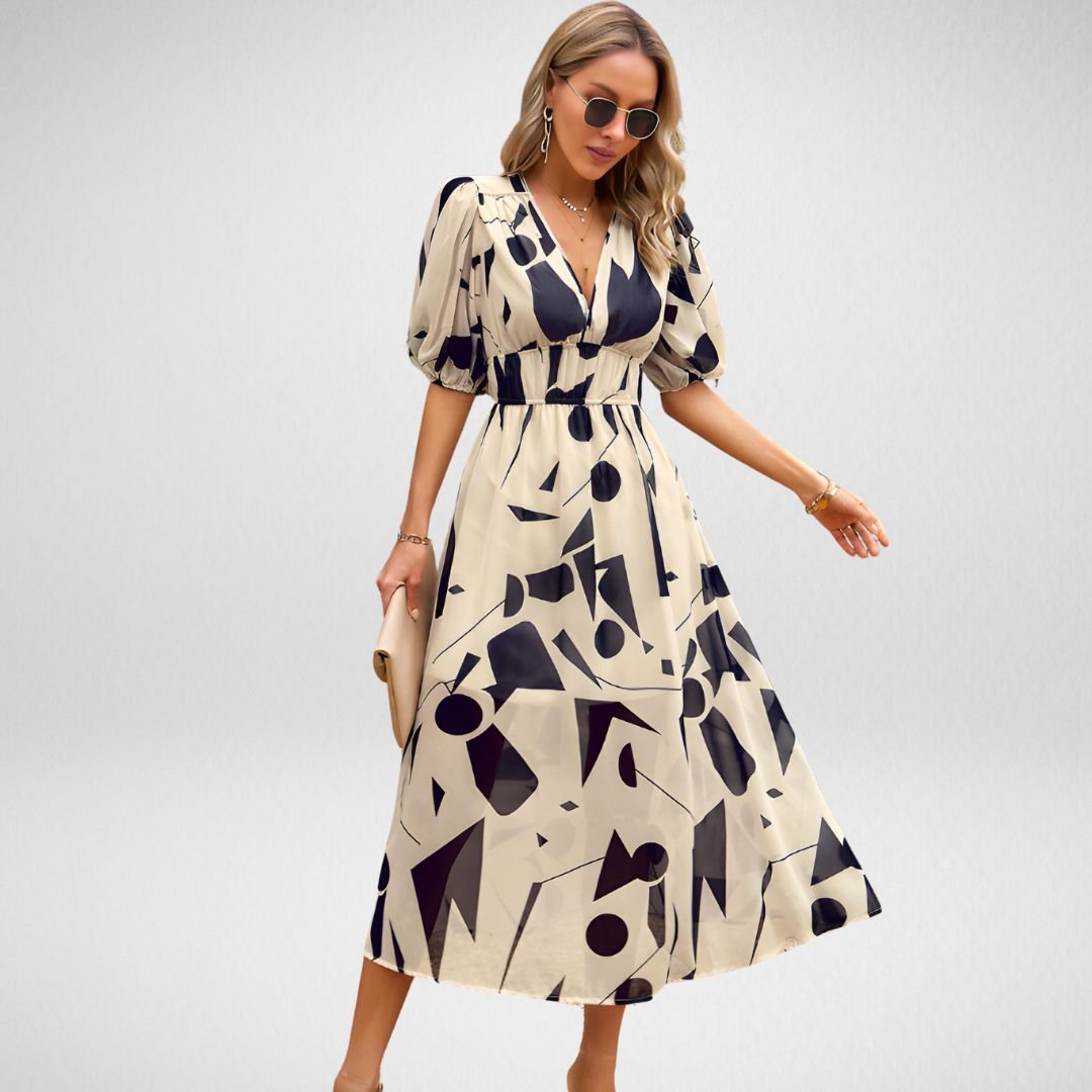 Women's Printed Midi Dress with V-Neck