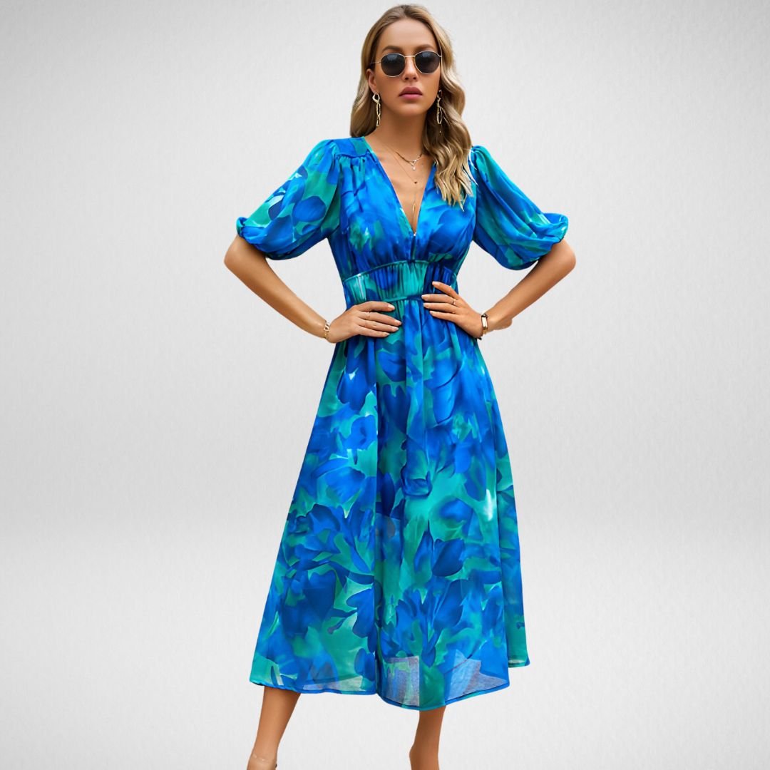 Women's Printed Midi Dress with V-Neck