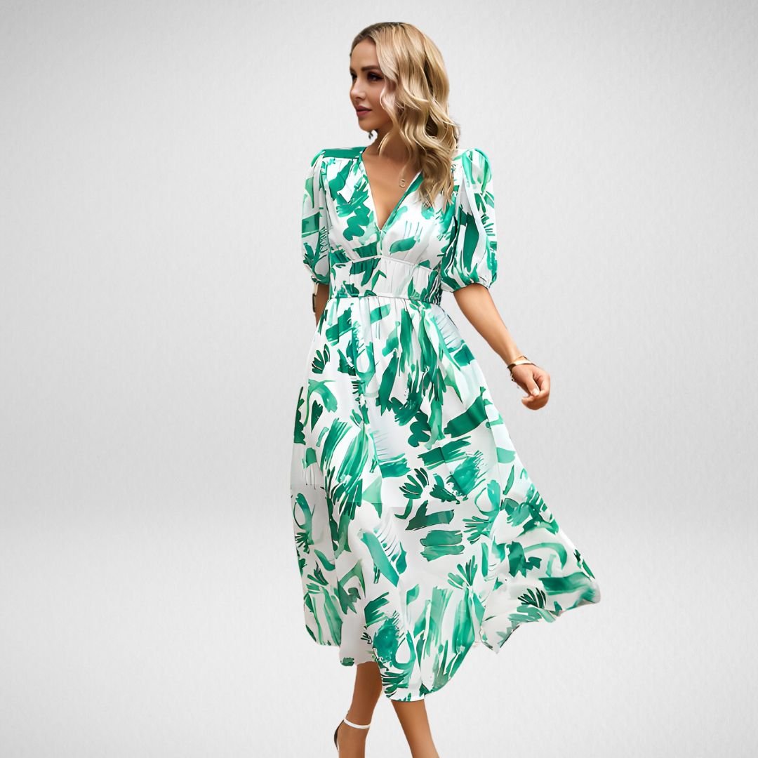 Women's Printed Midi Dress with V-Neck