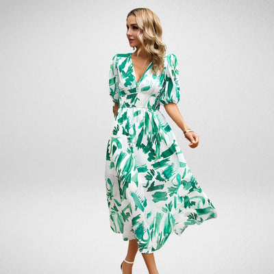 Women's Printed Midi Dress with V-Neck