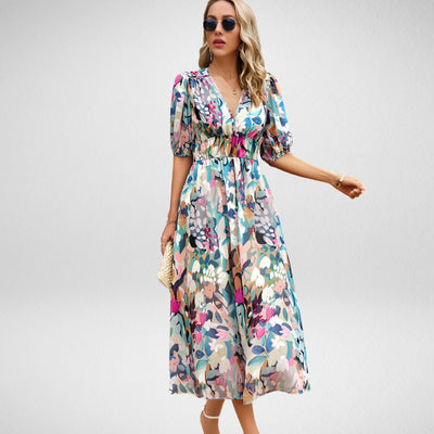Women's Printed Midi Dress with V-Neck