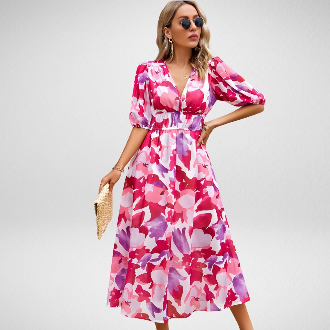 Women's Printed Midi Dress with V-Neck