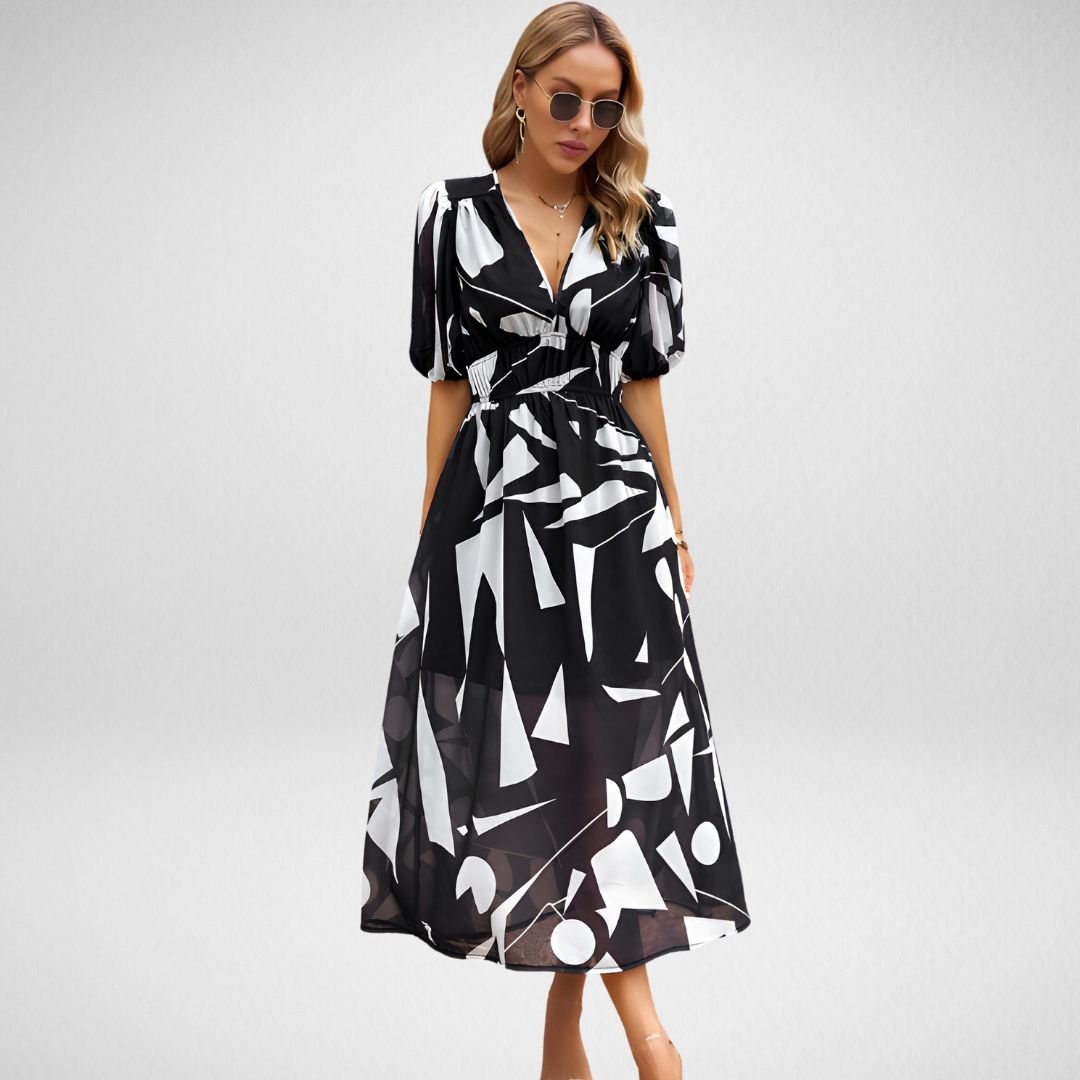 Women's Printed Midi Dress with V-Neck