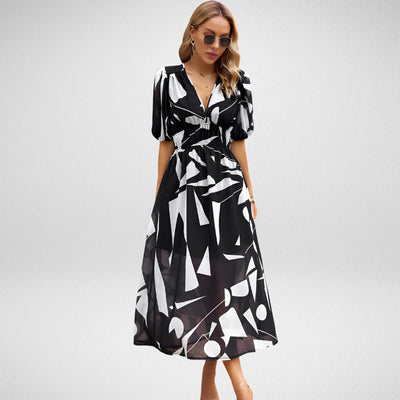 Women's Printed Midi Dress with V-Neck