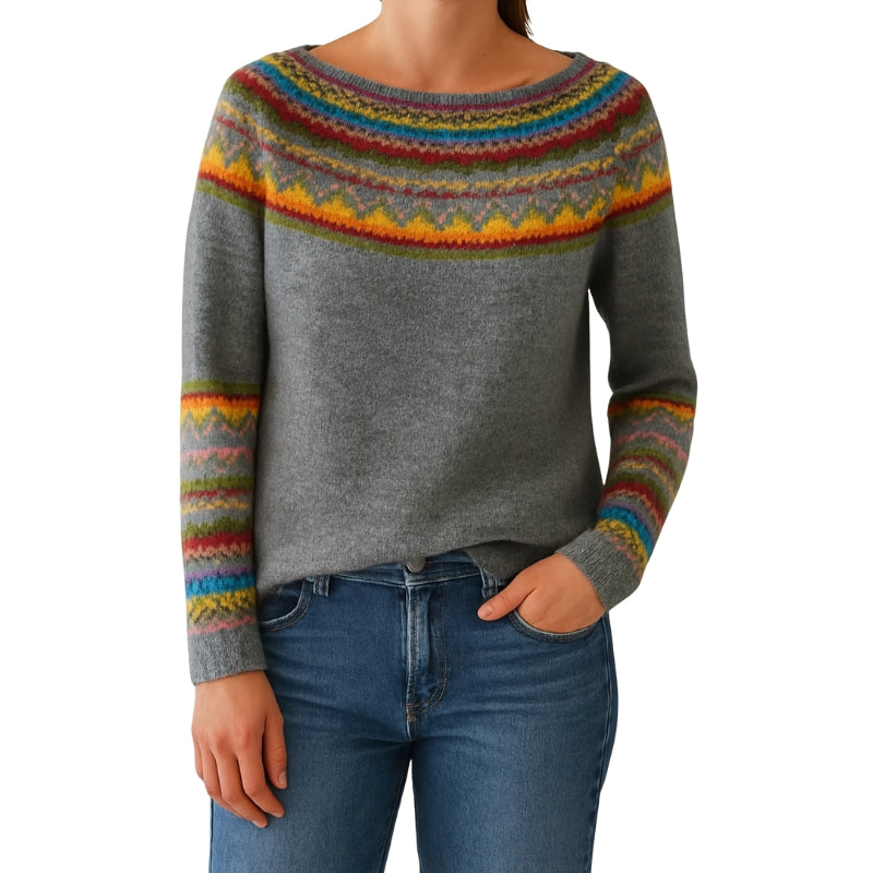 Women’s Round Neck Knit Pullover with Patterned Design
