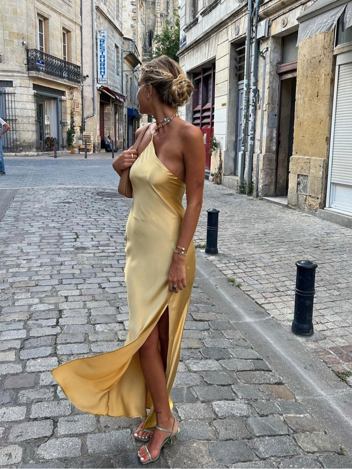 Women's Satin Maxi Dress Backless Spaghetti Strap Side Slit Evening Gown