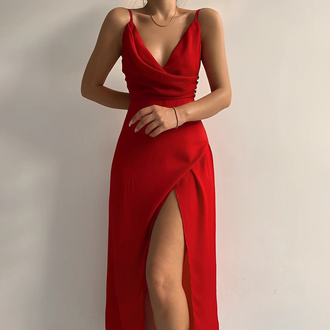 Women's Satin Maxi Dress Deep V-Neck High Slit Spaghetti Strap