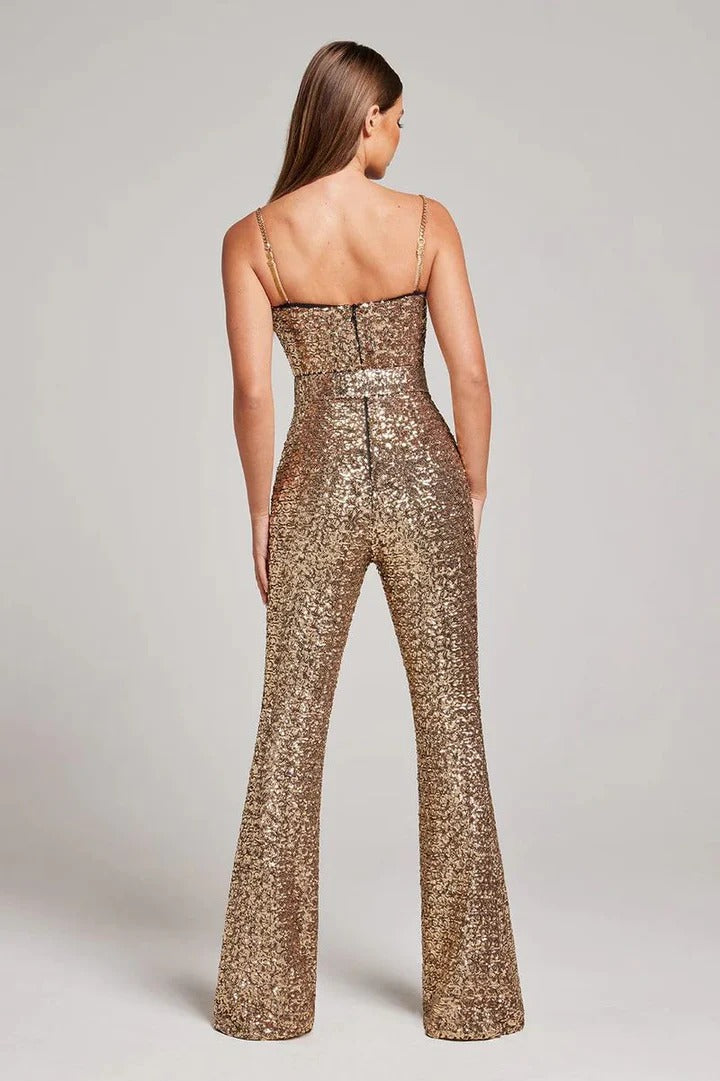 Women's Sequin Belted Jumpsuit with wide Legs