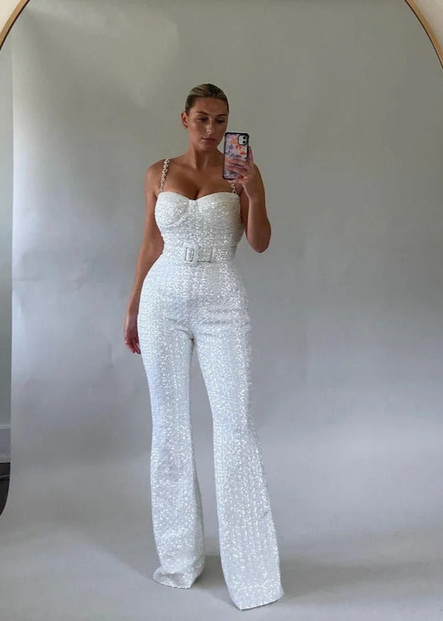 Women's Sequin Belted Jumpsuit with wide Legs