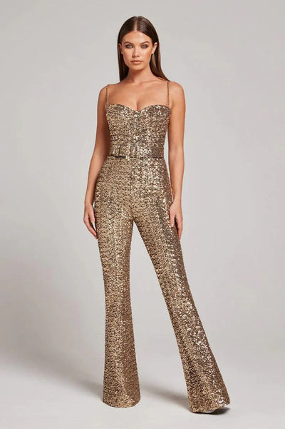 Women's Sequin Belted Jumpsuit with wide Legs