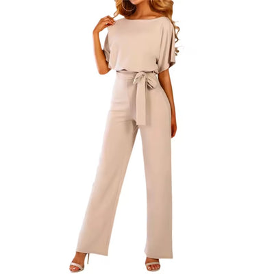 Women's Short Sleeve Belted Waist Party Wide Leg Jumpsuit