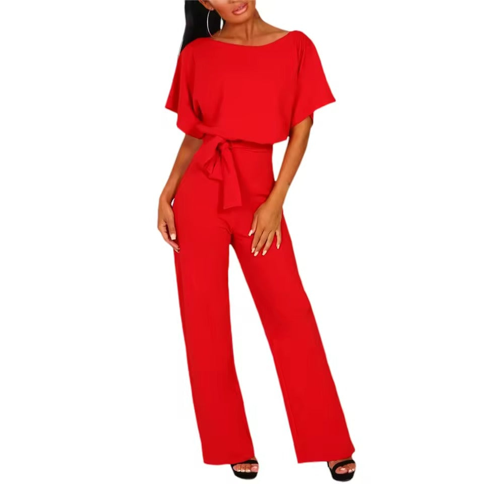 Women's Short Sleeve Belted Waist Party Wide Leg Jumpsuit