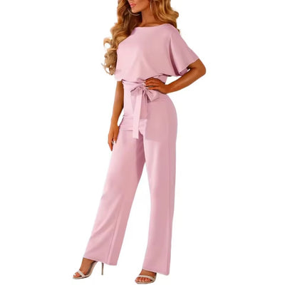 Women's Short Sleeve Belted Waist Party Wide Leg Jumpsuit