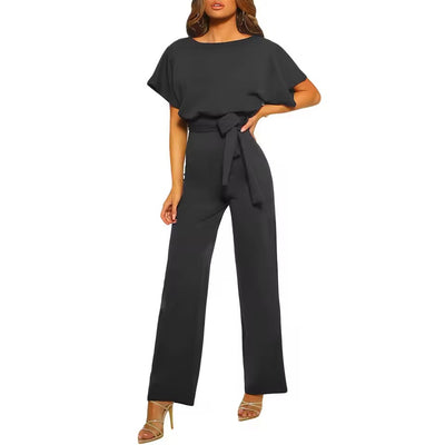 Women's Short Sleeve Belted Waist Party Wide Leg Jumpsuit