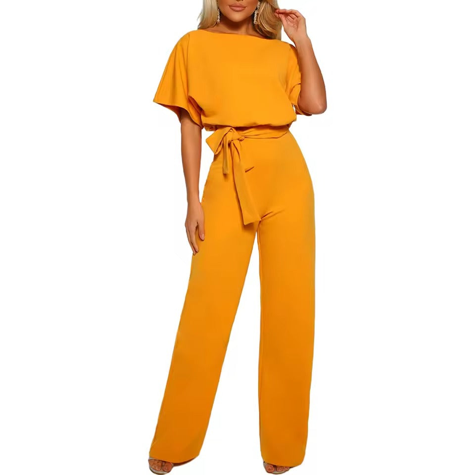 Women's Short Sleeve Belted Waist Party Wide Leg Jumpsuit