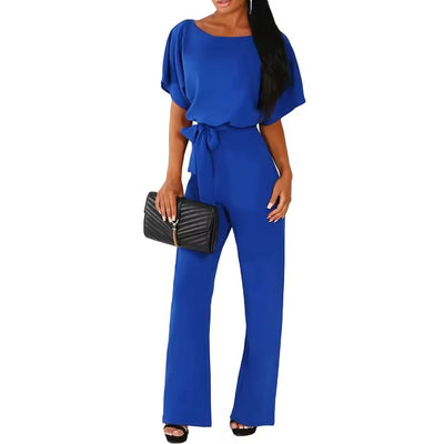 Women's Short Sleeve Belted Waist Party Wide Leg Jumpsuit