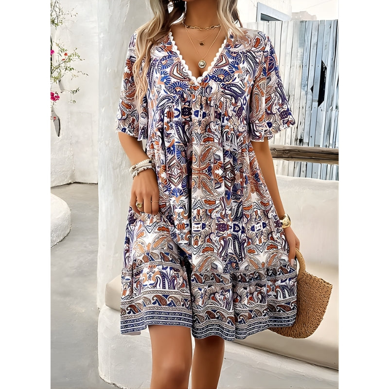 Women's Short Sleeve V-Neck Dress with Border Print