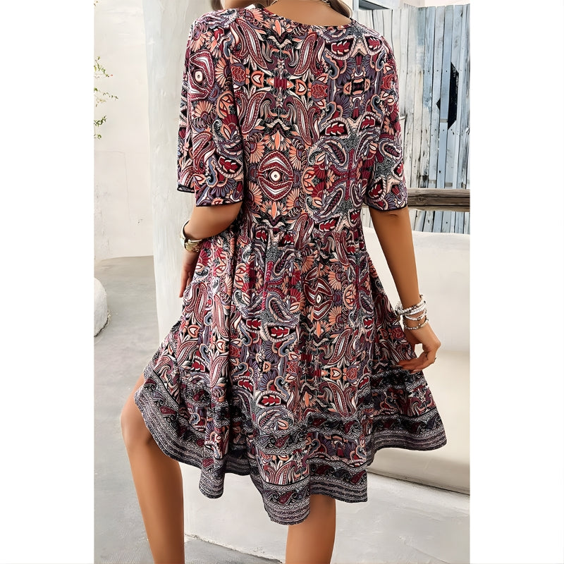 Women's Short Sleeve V-Neck Dress with Border Print