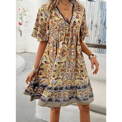 Women's Short Sleeve V-Neck Dress with Border Print