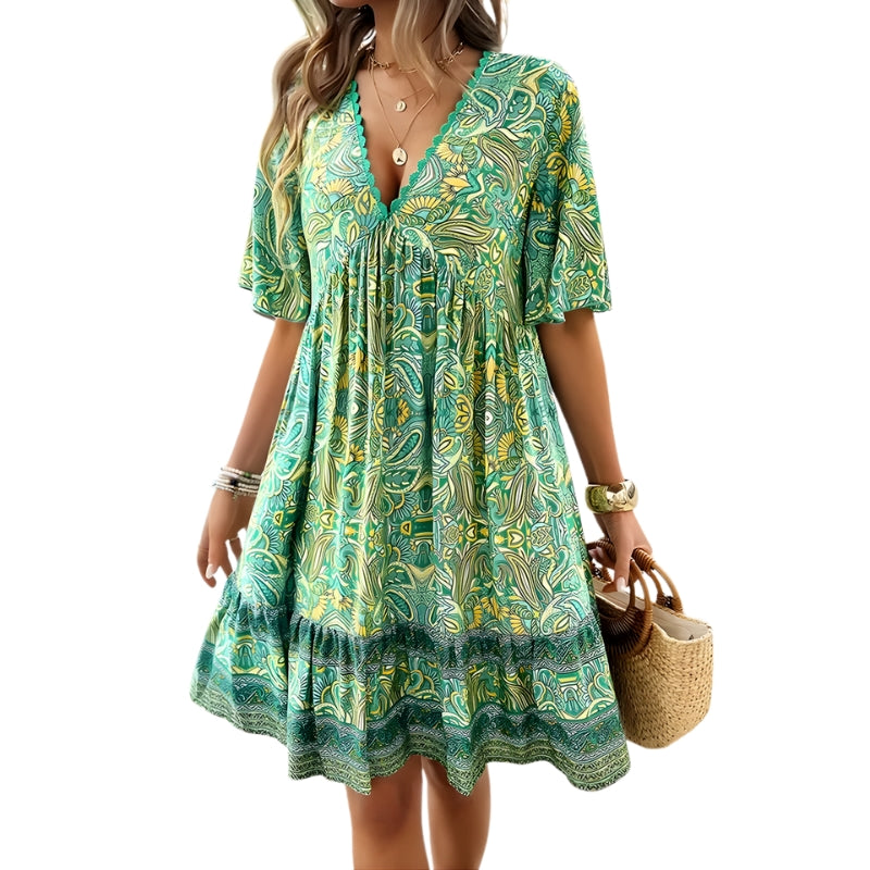 Women's Short Sleeve V-Neck Dress with Border Print