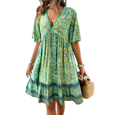 Women's Short Sleeve V-Neck Dress with Border Print