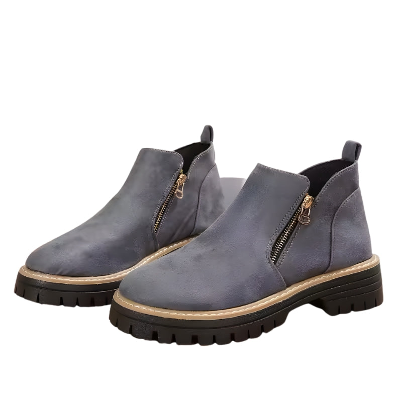 Women's Side Zip Ankle Boots with Low Heel and Treaded Sole