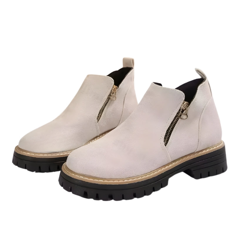 Women's Side Zip Ankle Boots with Low Heel and Treaded Sole