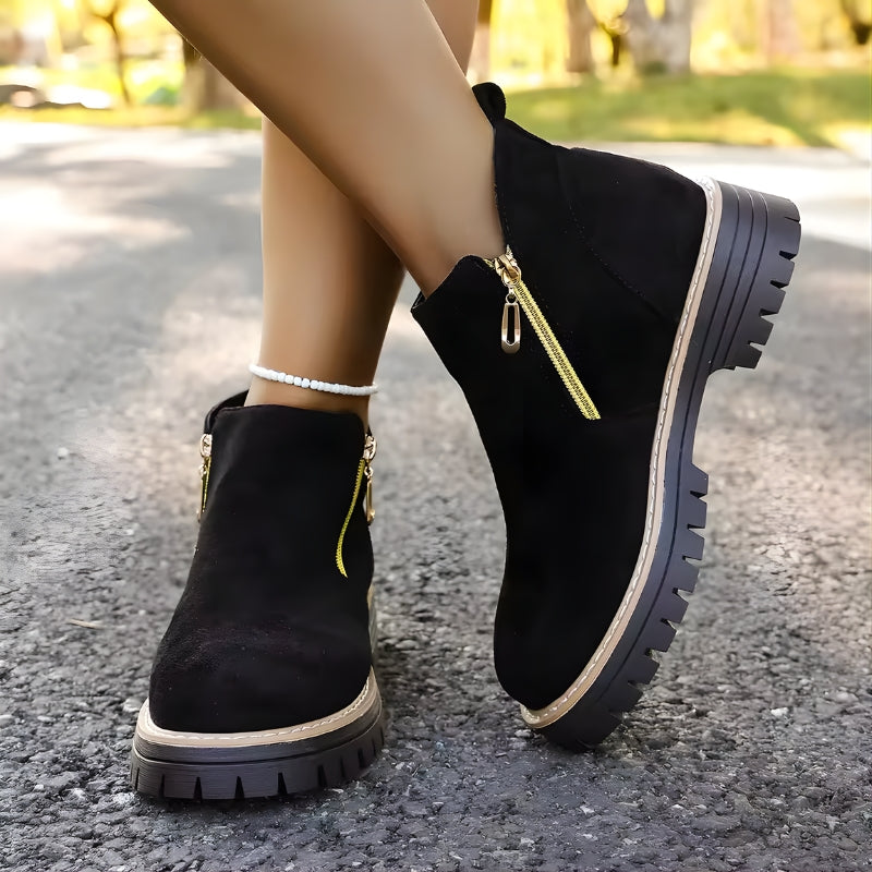 Women's Side Zip Ankle Boots with Low Heel and Treaded Sole