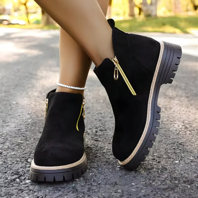 Women's Side Zip Ankle Boots with Low Heel and Treaded Sole