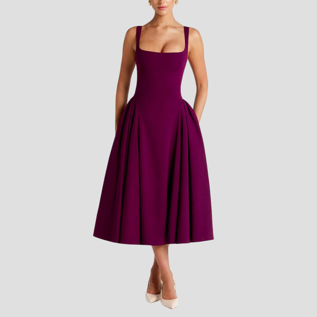 Women's Sleeveless Midi Dress with Square Neckline & Pleated Skirt